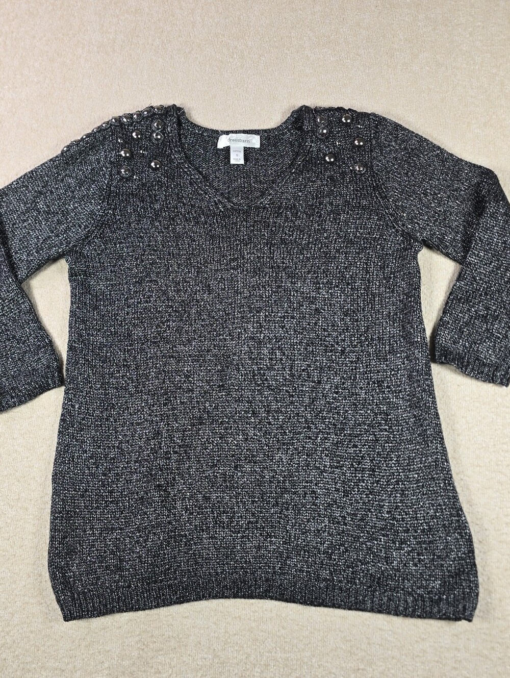 Dressbarn Petite Small Black Silver Metallic Knit Sweater Studded Top
